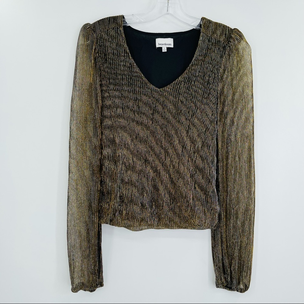 Heartloom V Neck Metallic Puff Sleeve Top Womens‎ S Gold Silver Shimmer